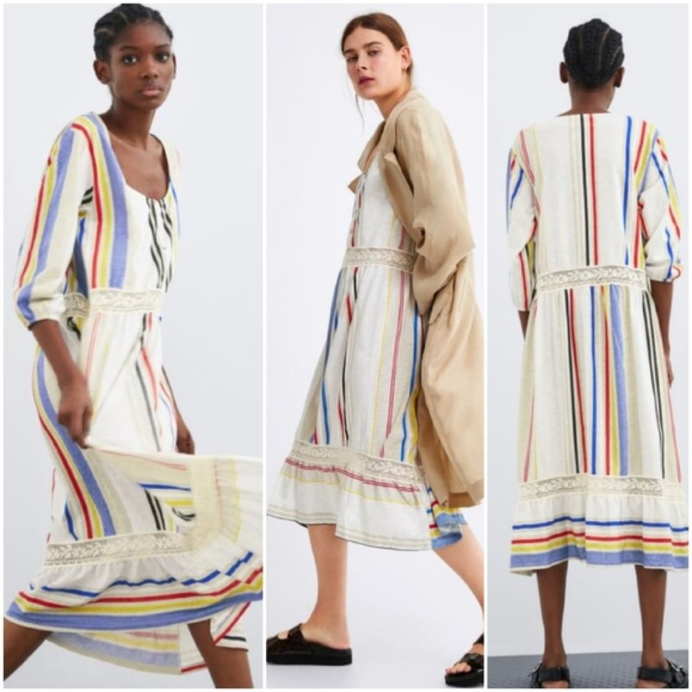 ZARA Combined Striped Lace Boho Mod MIDI Dress M - Picture 4 of 15